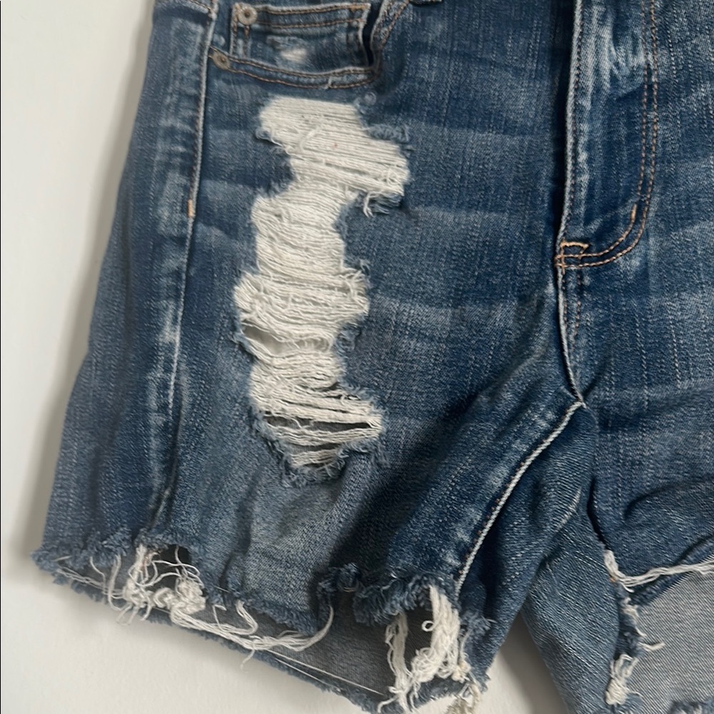 EUC American Eagle Next Level Stretch Blue Distressed Jean Shorts with Raw Hem - Picture 3 of 5